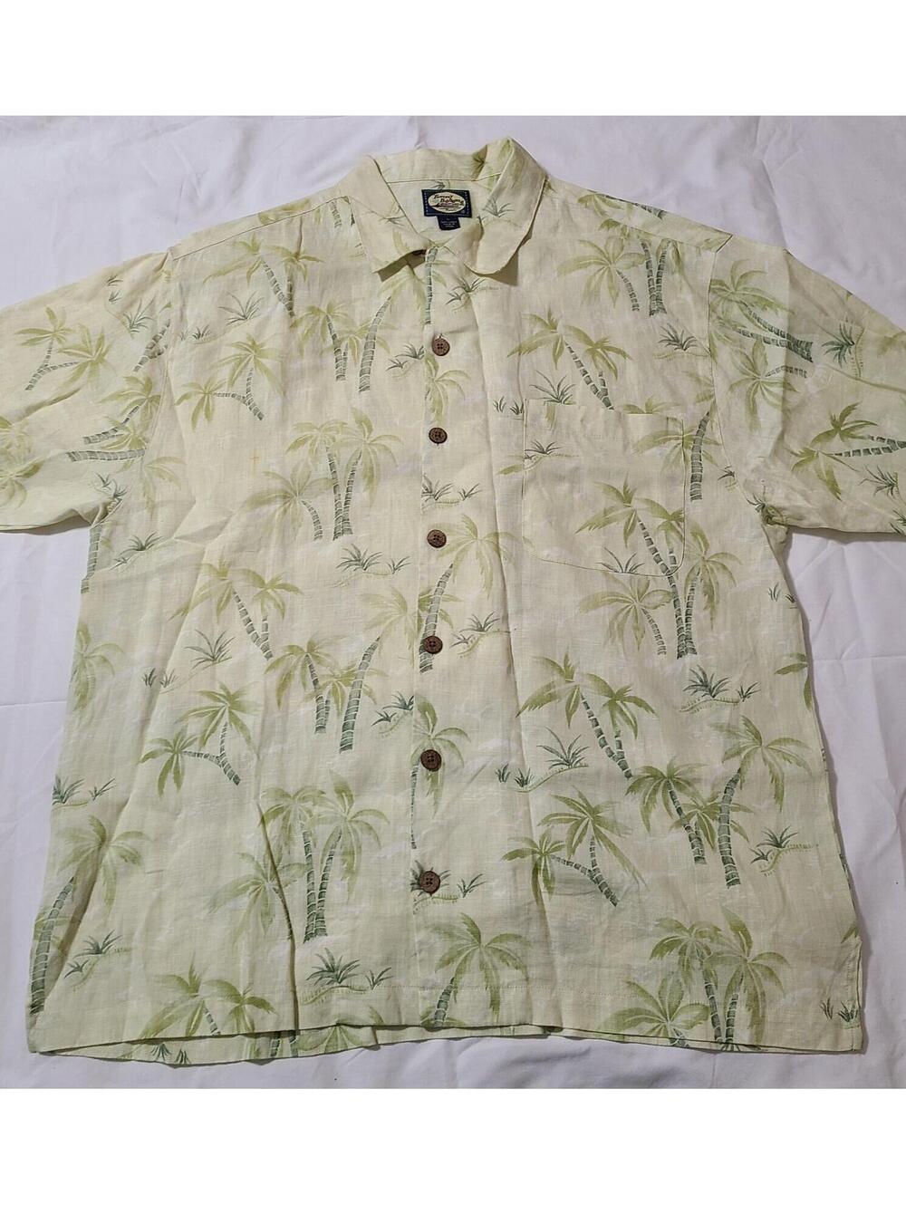 Tommy Bahama 100% Linen Hawaiian SS Shirt Mens Size Large Yellow Palm Trees Camp